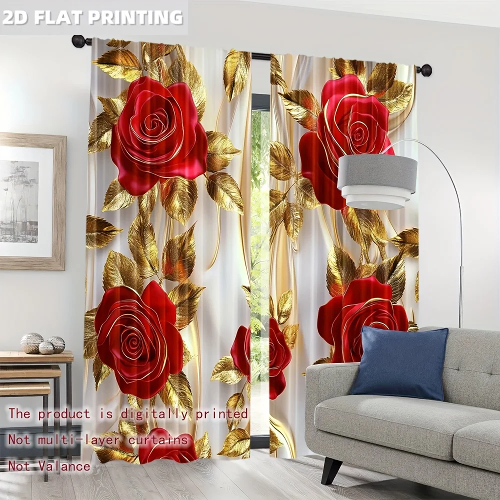 2pcs Red Rose Gold Leaves Luxury Curtains Blackout Drapes for Dining Room Elegant Decor Romantic Floral Print Window Treatment