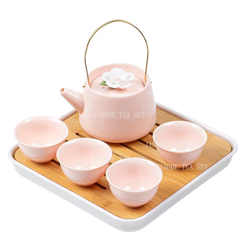 Pink Ceramic Tea Set, Flower Decor Teapot with Metal Handle, 4 Pcs Tea Cups + Bamboo Tray, Portable Chinese Gongfu Teaware