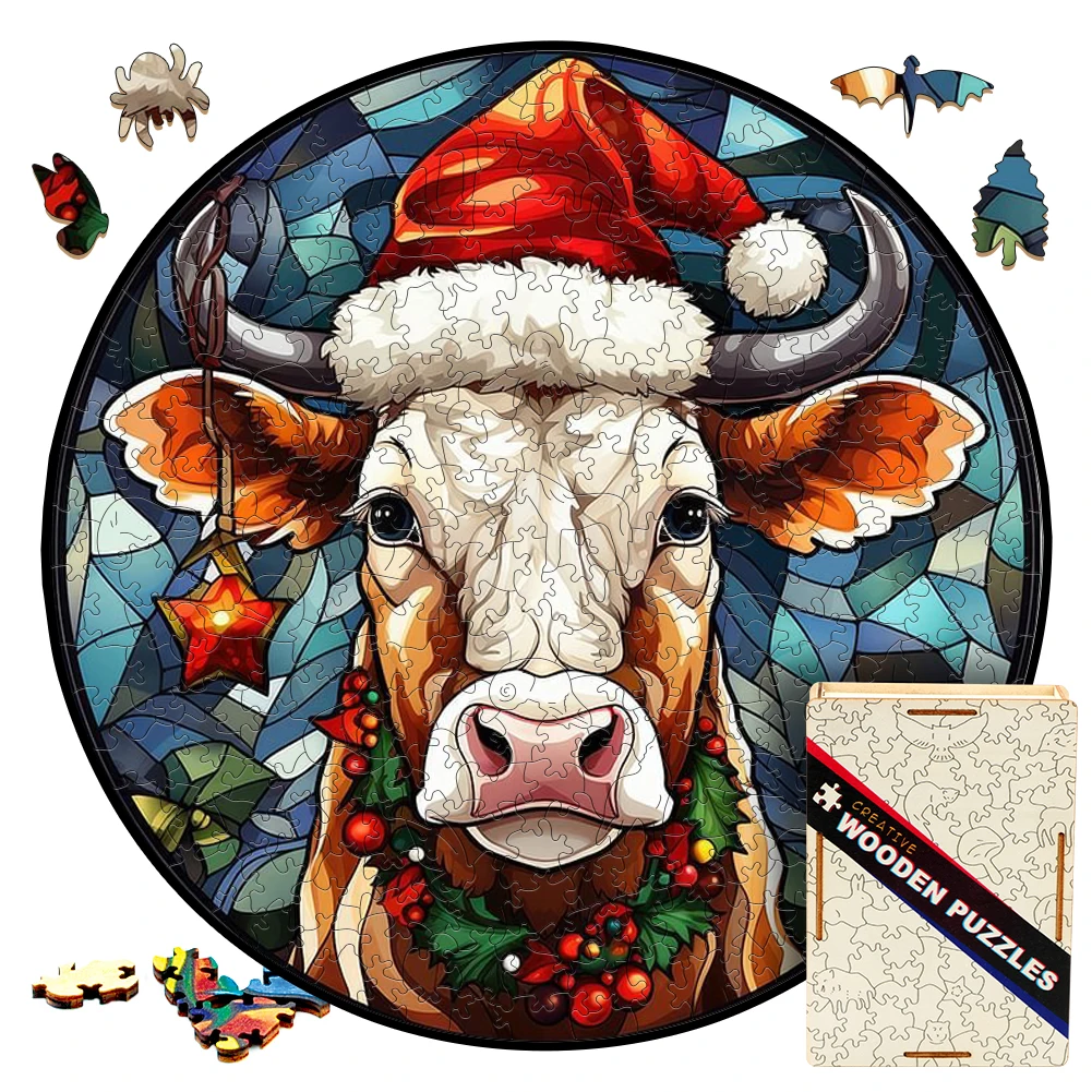 

Merry Christmas Jigsaw Puzzle Cow Christmas Hat Home Decor Adults Puzzle Games Family Fun Floor Puzzles Educational Toys for Kid