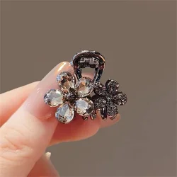 Double Flower Crystal Hair Claw Clip For Women Bangs Side Hair Elegant Daily Accessory Gift Shiny Black Metal Rhinestone Detail