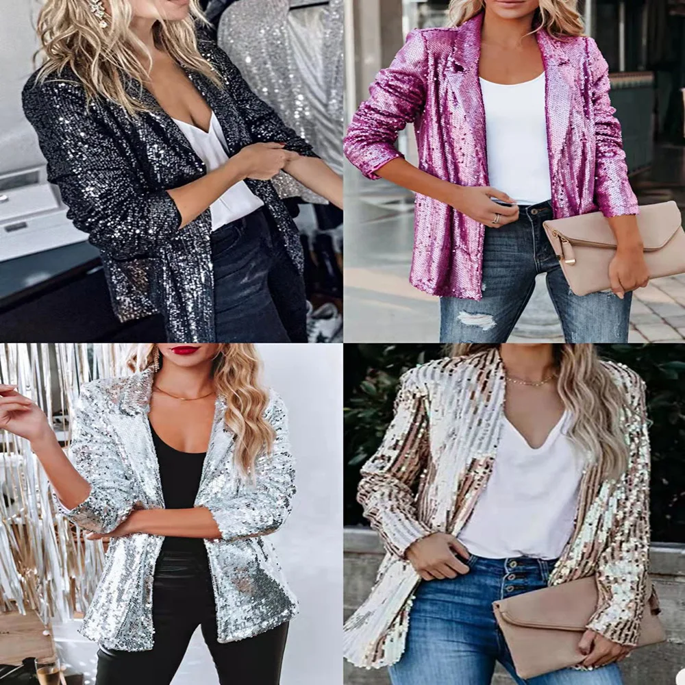 Giacca da donna con risvolto con paillettes Cardigan a maniche lunghe sottile Cappotto da abito dorato Colore metallo Capispalla femminile da strada