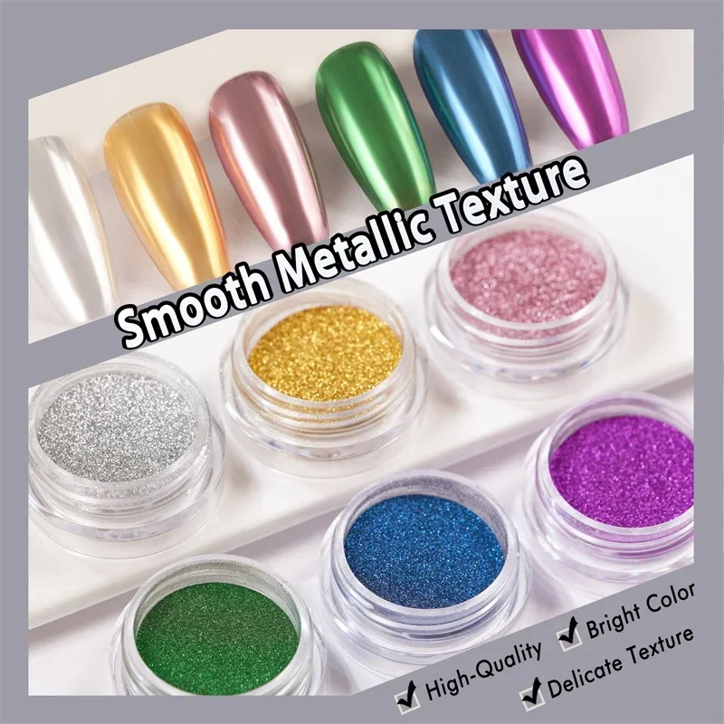 FSIXCL Iriserende nagelchroompoeder Metallic spiegeleffect Wrijven Pigmentstof Nail Art Decoratie Glitter 6-kleuren set