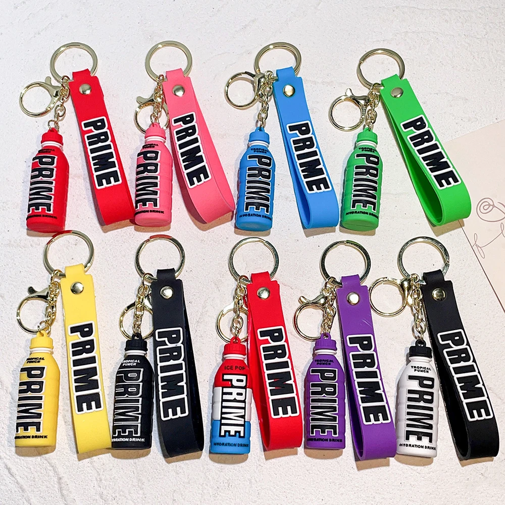 Cartoon Prime Hydration Drink Keychain For Women Soft Rubber Beverage Car Key Chains Bag Charms Couple Keyring Children Gift