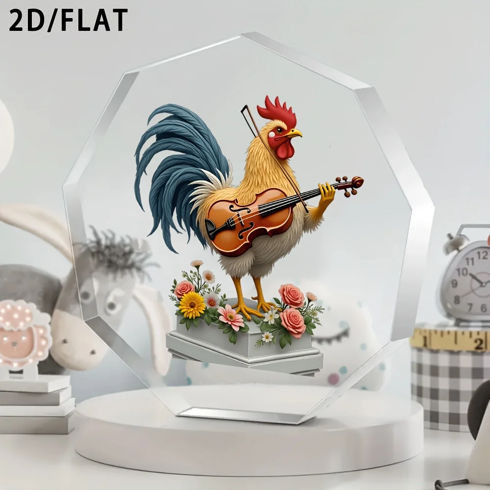 2D， Fun Acrylic Desktop Decoration - Chicken Playing Violin Art, Father's Day, Mother's Day, Festivals, Birthday Gifts