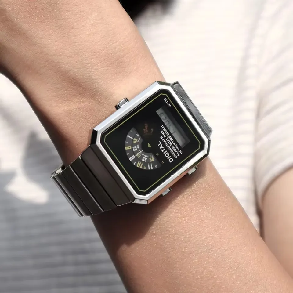 Retro Square Electronic Watch Men, Stainless Steel Metal Band Digital Display Stopwatch Alarm Wristwatch Multi-function Watches