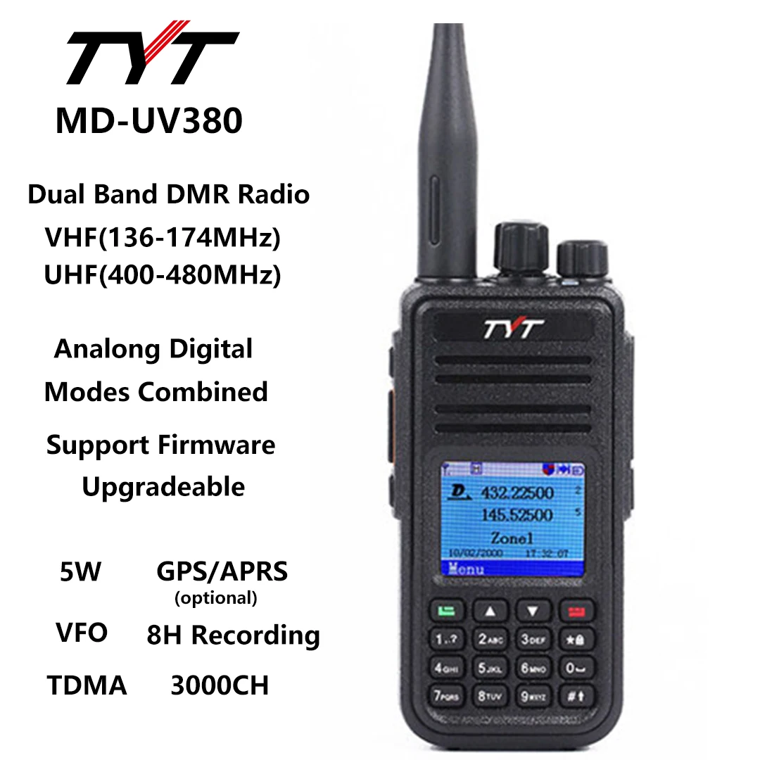 TYT MD-UV380 DMR Digital Walkie Talkie VHF UHF GPS VFO APRS 5W Professional Amateur Two-Way Radio Dual Mode TDMA DMR