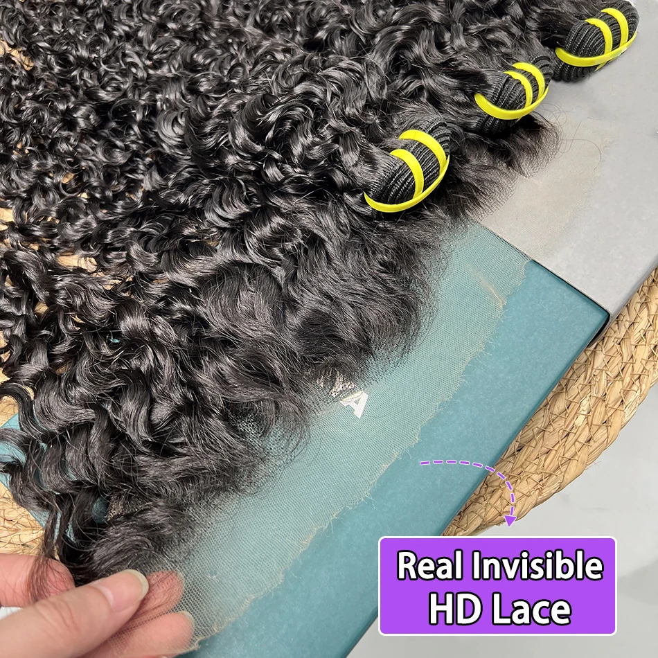 حزم مع 13x4 HD الدانتيل الشفاف أمامي البورمية شعر بشري مجعد قبل قطعها الدانتيل # 1B ملحقات نسج الشعر اللون الطبيعي