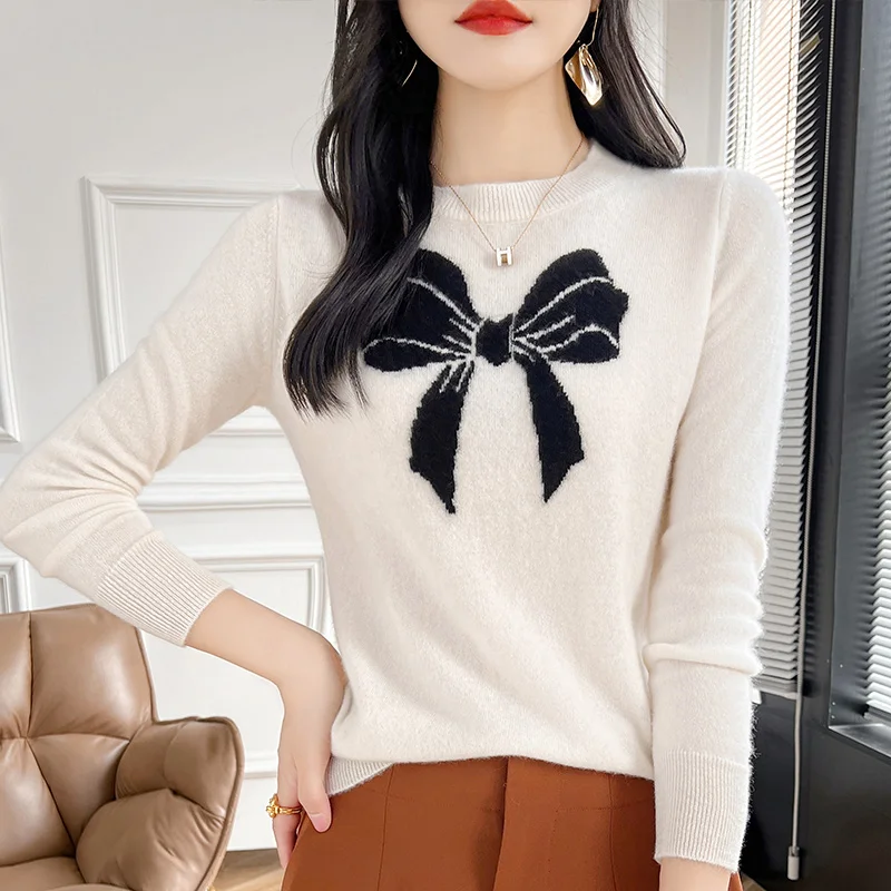 100% Merino Wool Cashmere Sweater Women Knit Pullover O-neck Embroidery Long Sleeve 2024 Autumn/Winter Korean Clothing Warm Tops