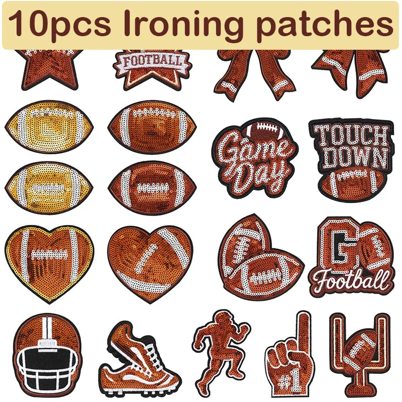 10pcs Game Day Football Sequin Iron On Patches Sport Bow Star Heart Helmet Trophy Appliques Clothing Jacket Backpack DIY Decor
