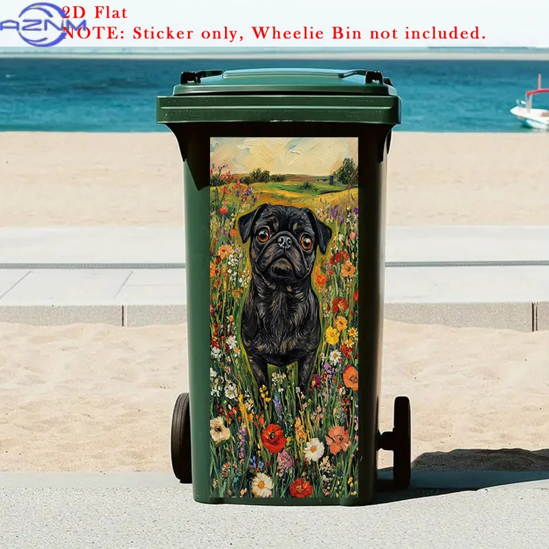 2D Flat Black Pug Dog Trash Can Mural Sticker, Colorful Flower Field Self-Adhesive Removable Stickers, Vibrant Landscape Stick