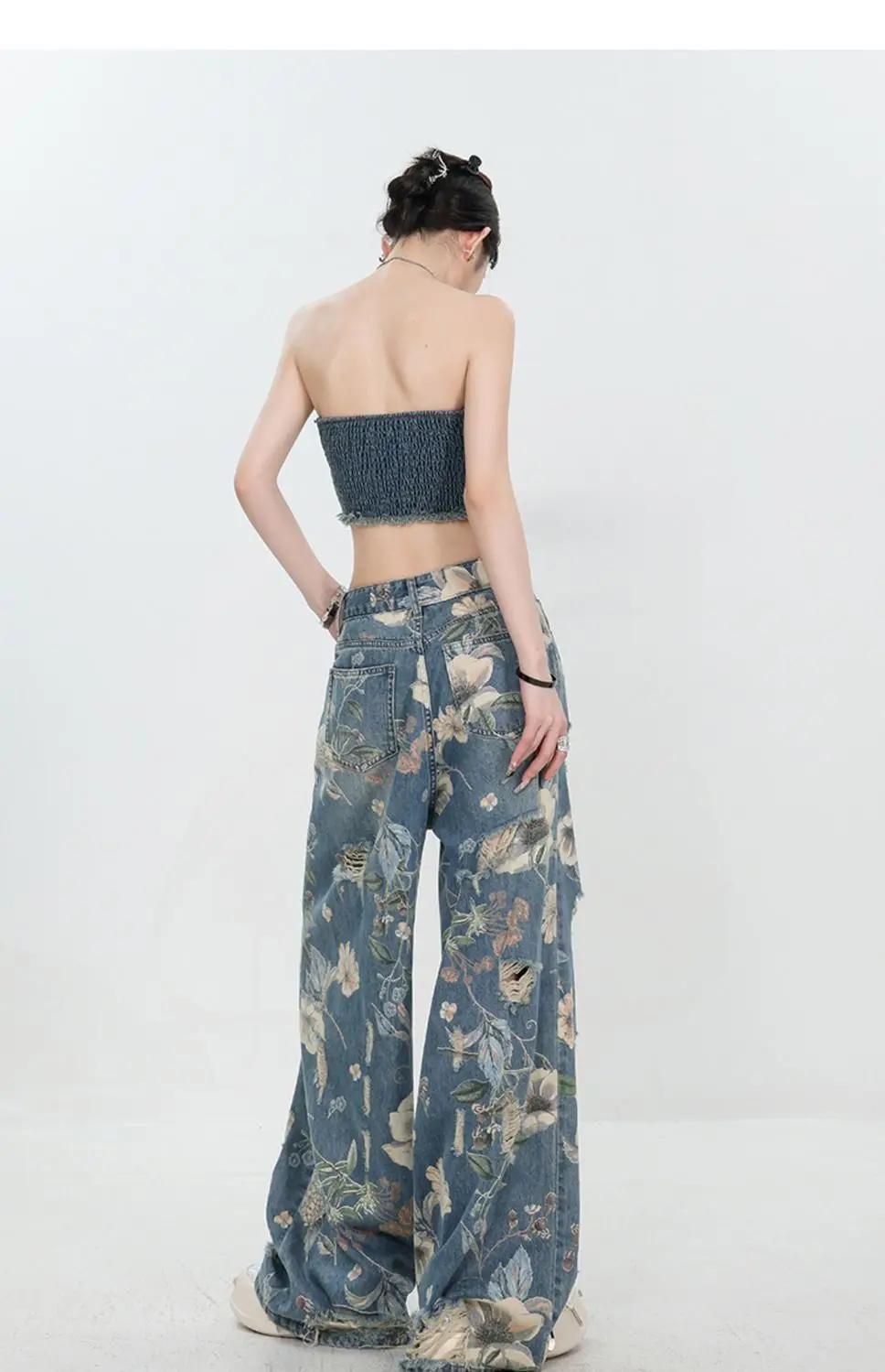 Women Jeans Flower Blue Hip-Hop Fashion American Retro Printing Wide Leg Jean High Waist 2024 Female Trouser Baggy Denim Pants