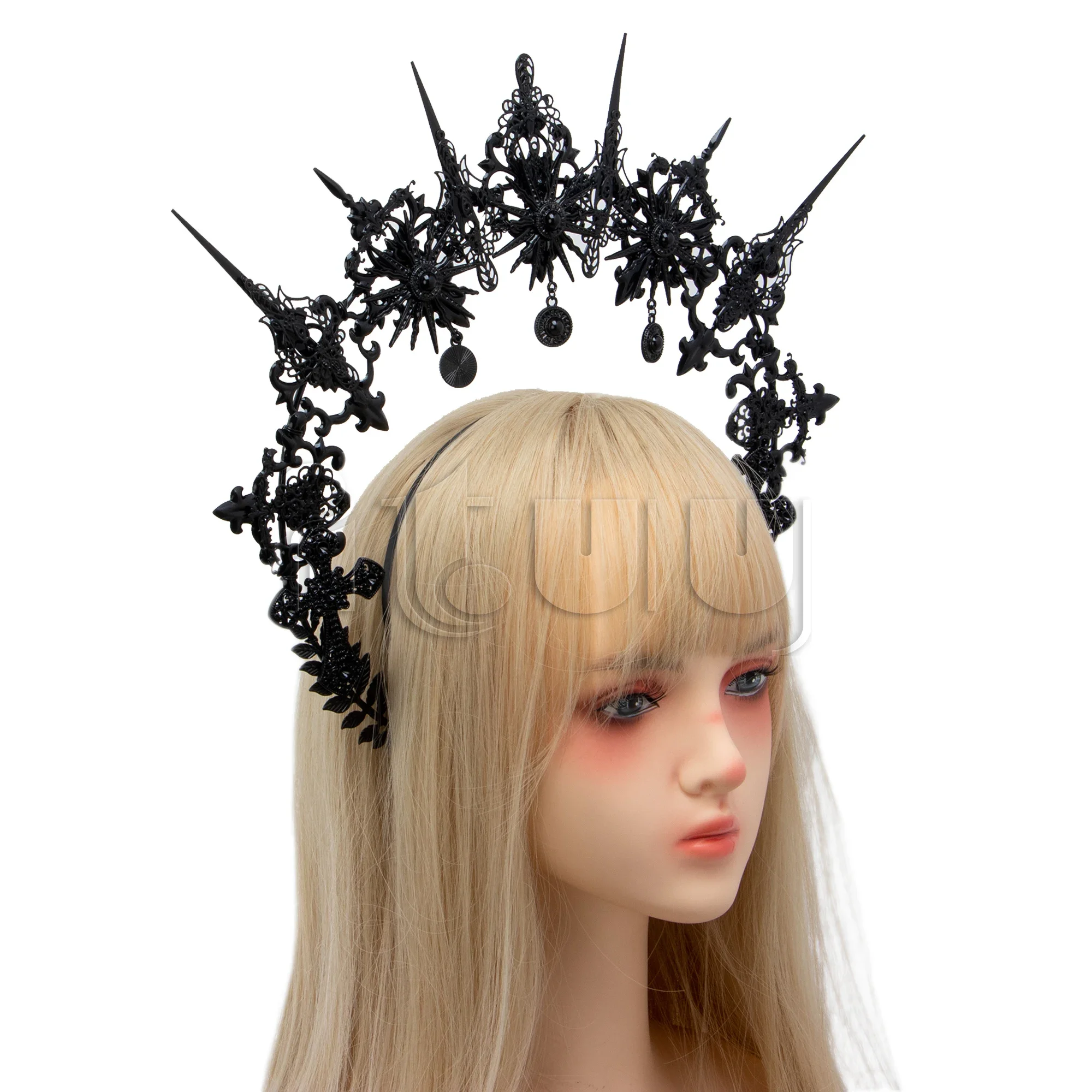 Handmade Gothic Lolita Pearl Sun Virgin Cross Crown Punk Headpiece  Black Spiked KC Halo Headband