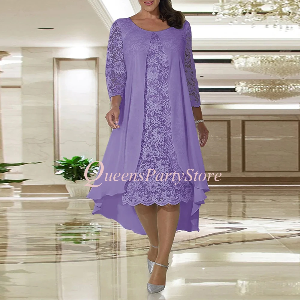 

Lilac Mother Of The Bride Dress Long Sleeves Scoop Lace Tea Length Chiffon Jacket Wedding Guest Gown for Women Party Dresses