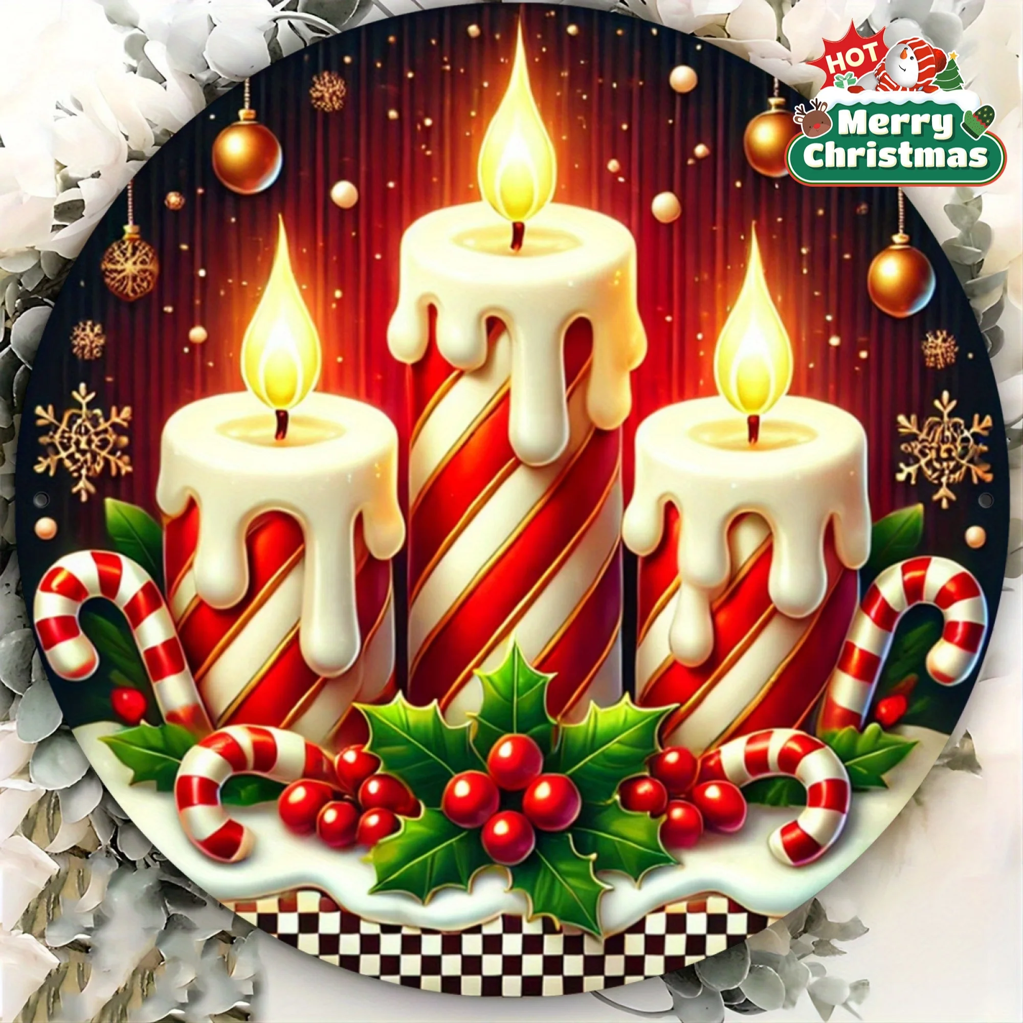 [Today Only Offer] Home&Seasonal Decoration1pcs Holiday Christmas Candle Metal Tin Sign 7.87X 7.87Inch Round Aluminum Wall Art,