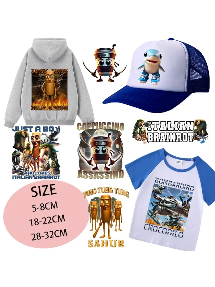 Autocollants de transfert de chaleur Brainrot italien, casquette, T-Shirt, sweat à capuche, vêtements, patchs de bricolage, transfert de fer sur Telala, applique de requin drôle, nouveau