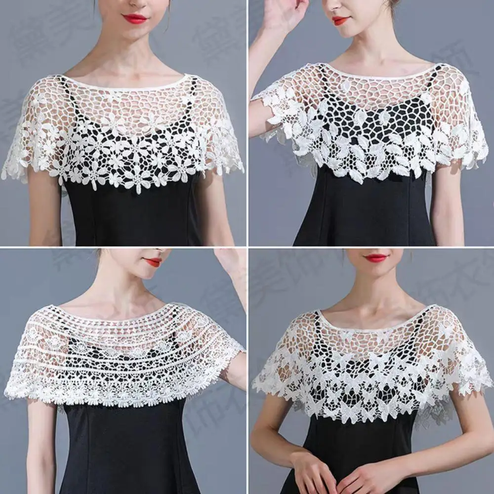 Women Lace Fake Collar Knit Hollow Out Shawl Wrap Wedding Bridal Evening Dress Lace Shawl Hollow Blouse Shrug Cape Poncho New