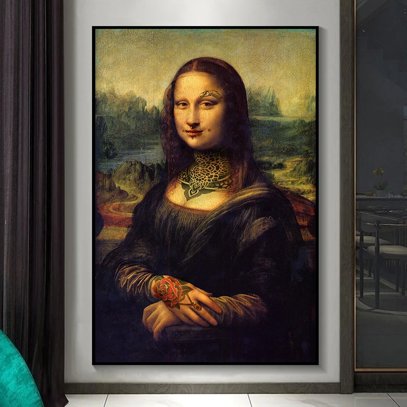 Funny Art Tattooed Mona Lisa Canvas Paintings Bad Girl Wall Art Posters and Prints Da Vinci Famous Paintings for Home Decor