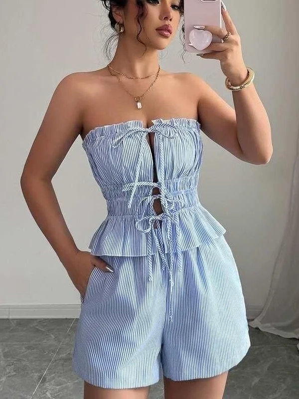 

Ele Strappy Top And orts Set Stripe Pattern Faionable Two-Piece Women's Summer Outfit ort Sve round Ne Polyester