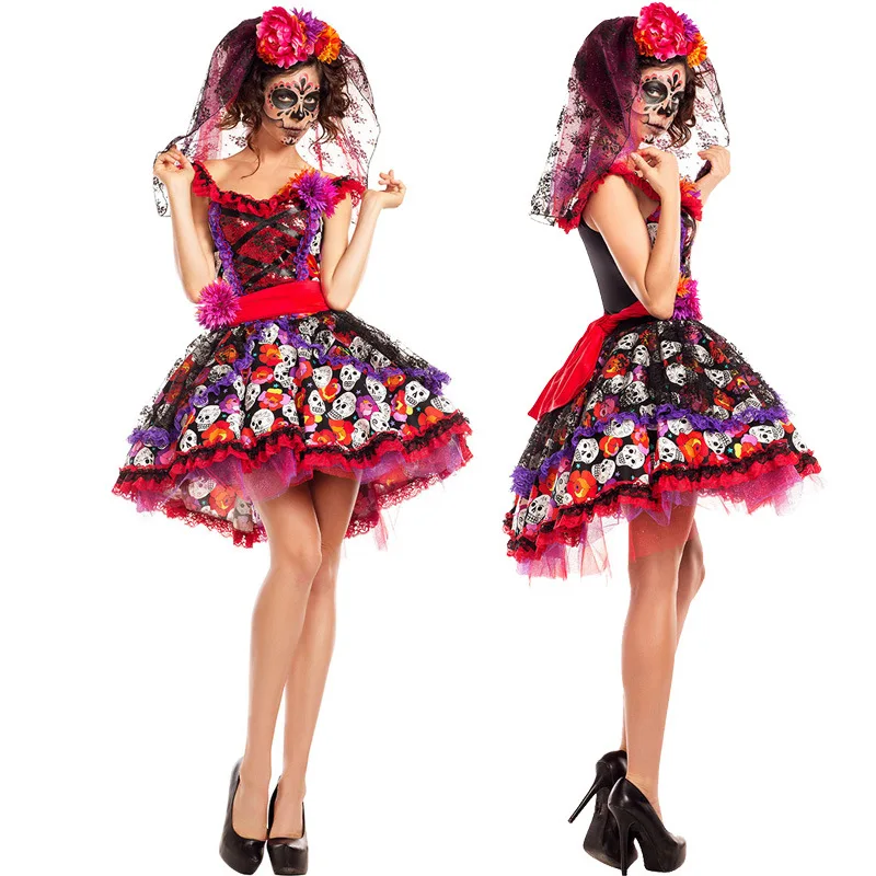 Disfraz del Día de los muertos, disfraz de esqueleto, Calavera, hueso, Carnaval, Halloween, novia