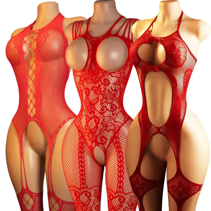 Lencería de una pieza para mujer, conjuntos de sujetador y bragas, body de rejilla rojo, sujetadores de apertura completa, lencería de fantasía, medias de cuerpo sin entrepierna