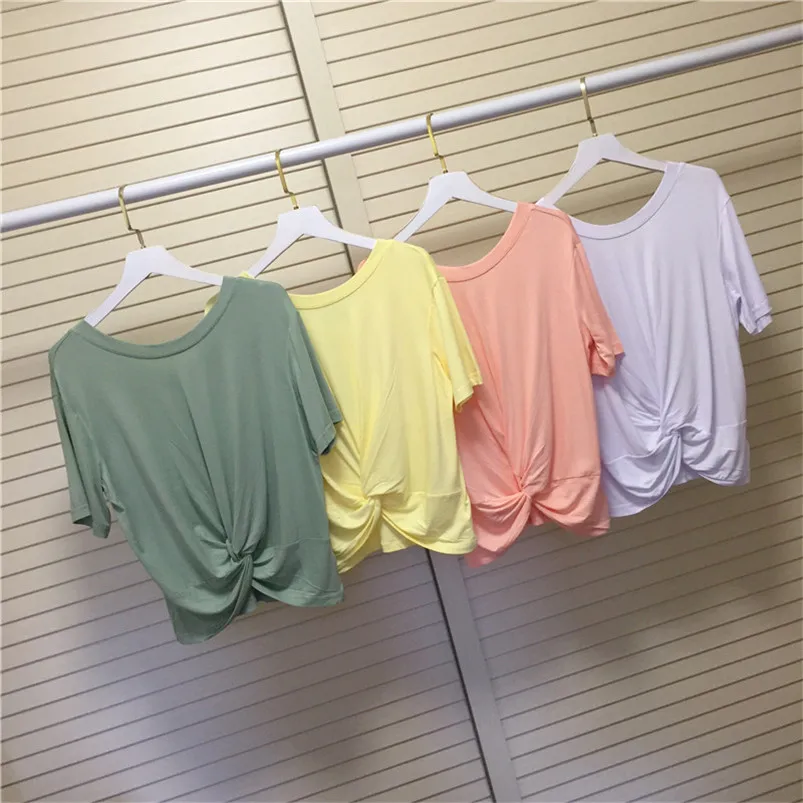 2024 New Summer Women 95% Cotton T-Shirt Candy Colors Short Sleeve O-Neck Shirt Female Soft Slim Dance Tops koszulki