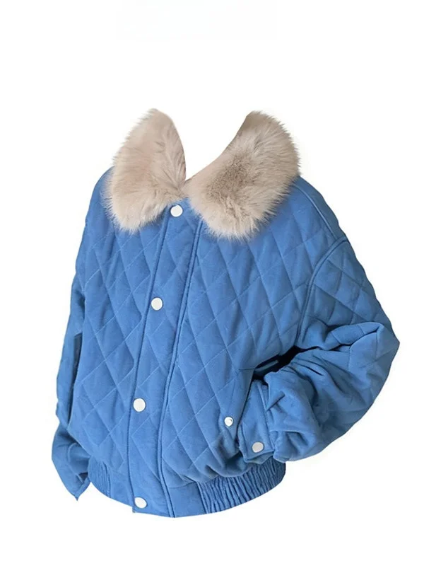 

ort Quilted Cotton Jaet with Fur Collar Diamond Patterned Tagkita Blue Versatile Eco-Friendly Women's Winter Coat