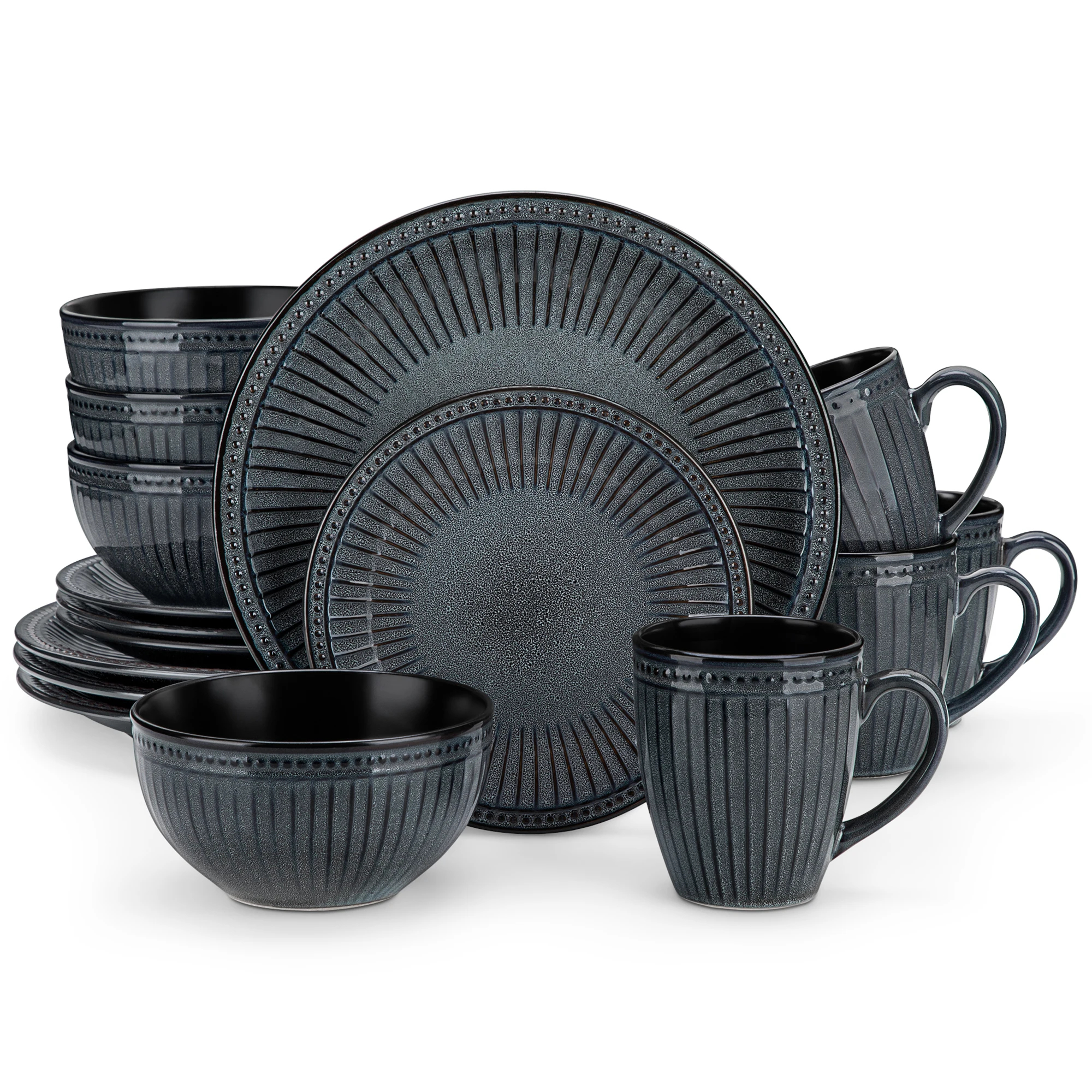 

vancasso 16/32 Piece Relief Ceramic Plates Set Black Elegent Tableware set with 4/8 PCS Dinner Plate/Dessert/Cereal Bowl/Mug