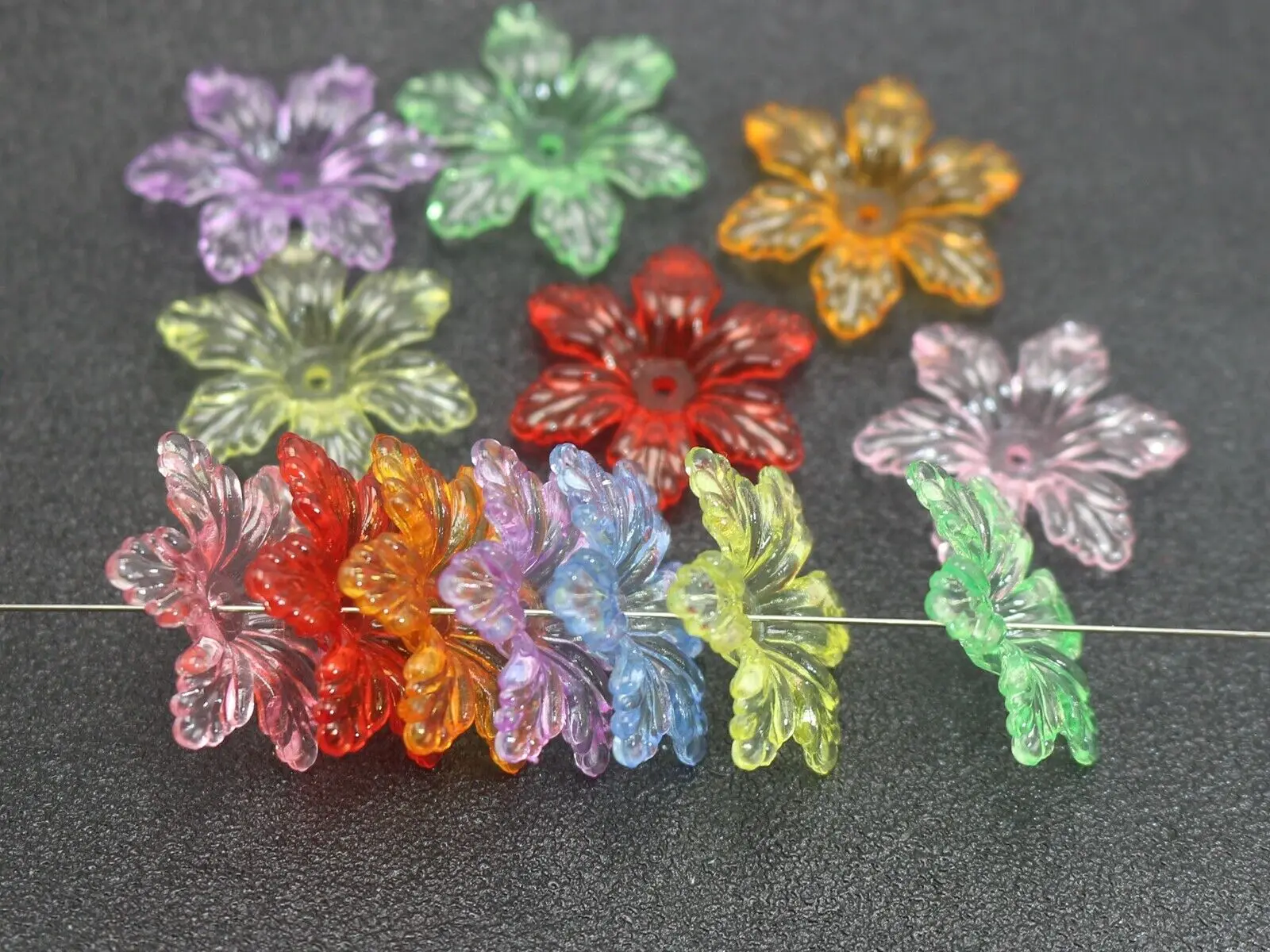 50 Mixed Colour Transparent Acrylic Flower Beads Cap 28mm Center Hole Beads