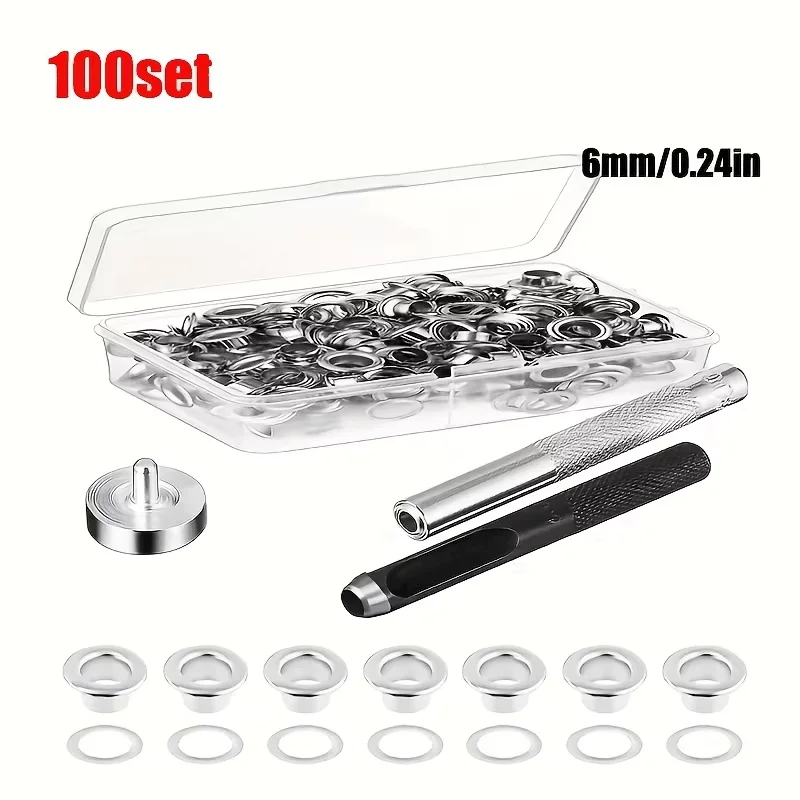 Tülle Werkzeug Kit 100 Sets Ösen Ösen 6mm 10mm 12mm 14mm Innen Durchmesser Silber für Kleidung schuhe Tasche Leder Handwerk DIY