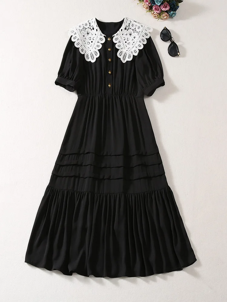 Pleated Princess Dress for Women, Peter Pan Collar, Short Puff Sleeve, Black, Party, Holiday, Spring, Summer