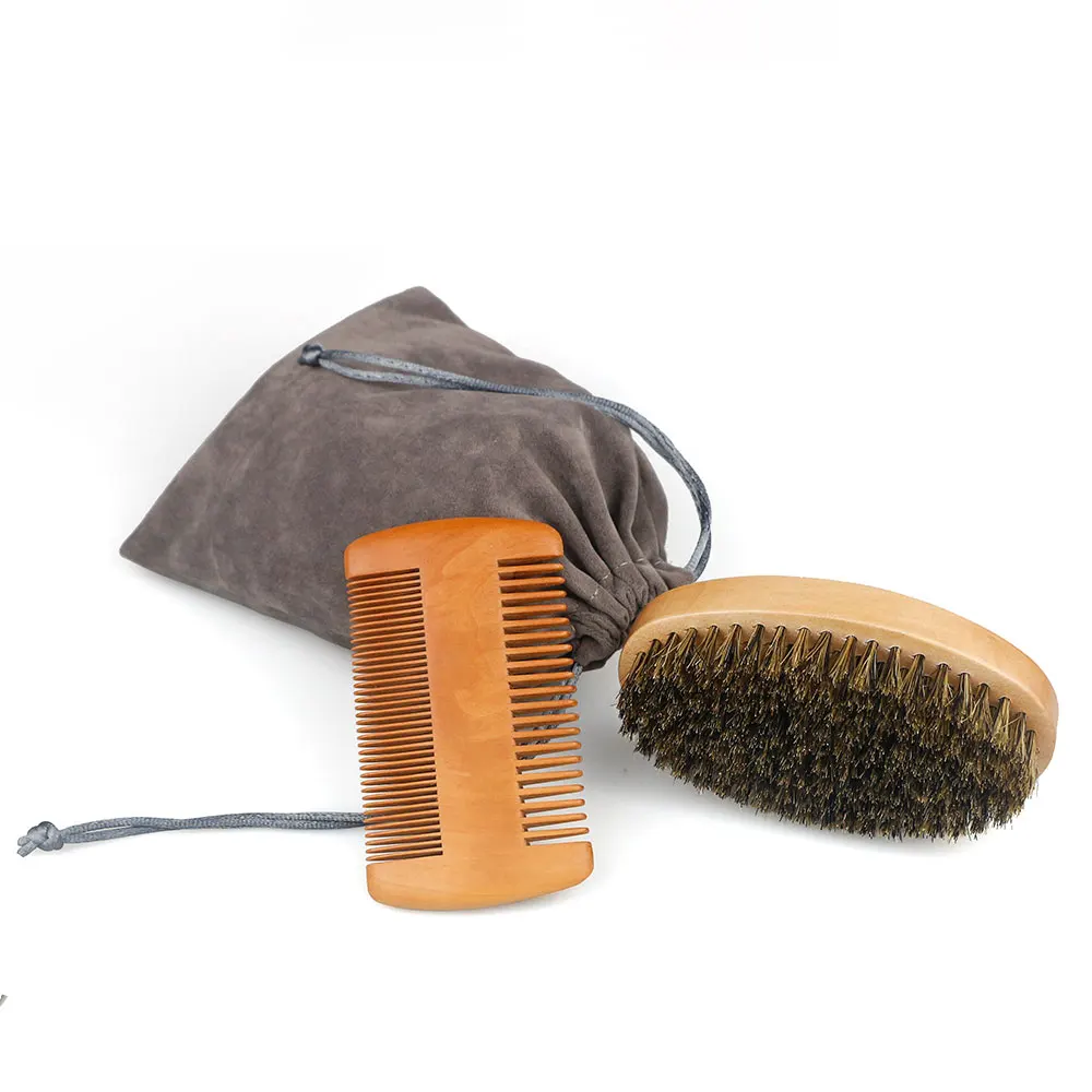 Cepillo de barba de madera de cerdas de jabalí para hombres, herramientas de afeitado de peluquero, peine de bigote con bolsa de regalo, juego de