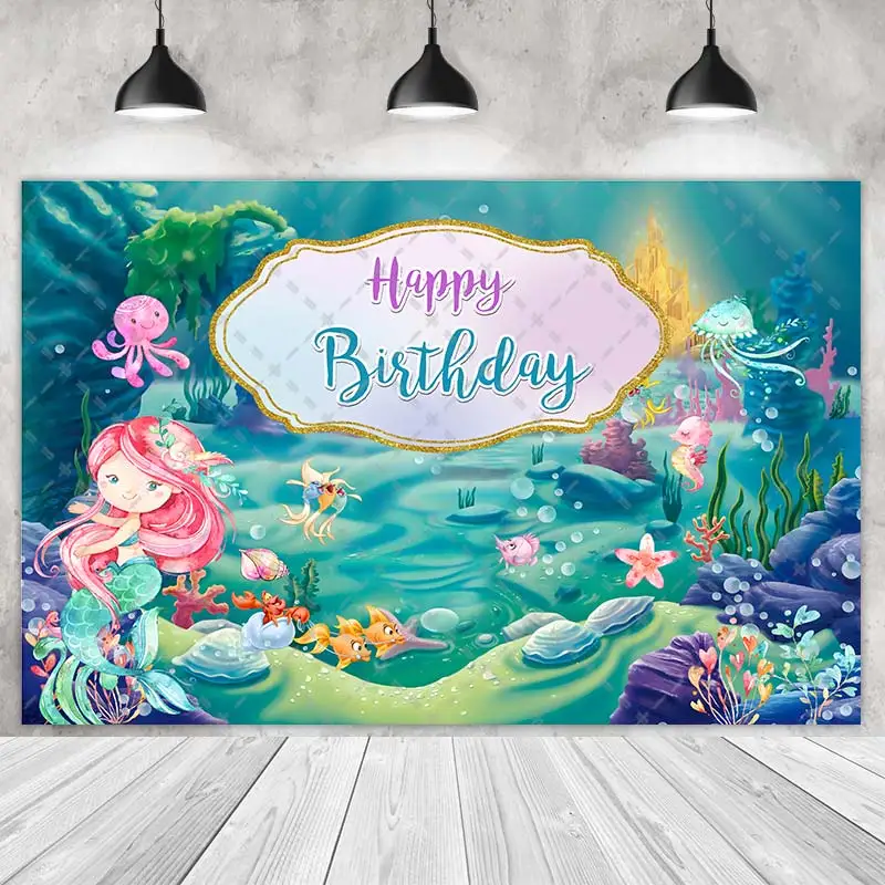 Under The Sea-Mermaid Party Backdrops Princess Girl Birthday Photography Cake Smash Green Background Shoot Customize Name Photo