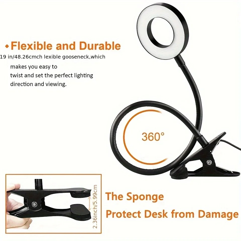 LED clip light with flexible 360° gooseneck – reading lamp, desk lamp, perfect for video conferences and makeup. Features 3 colo