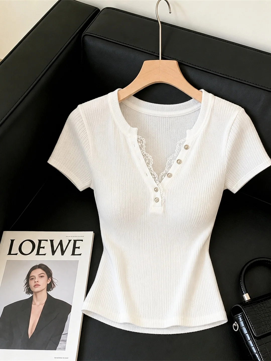 

Lace Patchwork Short Sleeve Half Open Ice Silk Knitted Sweater Summer Korean Style Sweet Top Elegant Small Shirt for Women