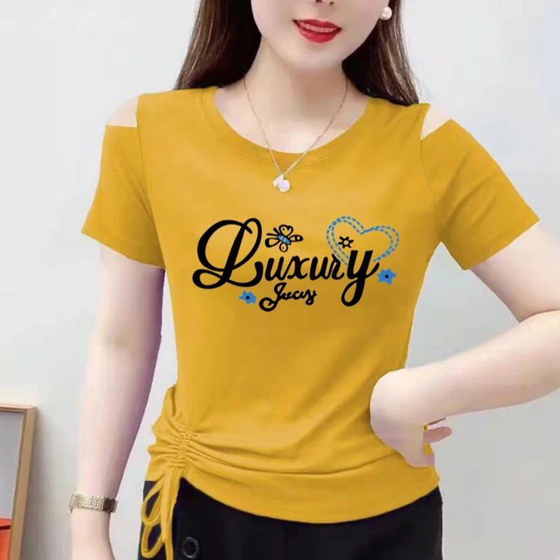 Fashion Printed Shirring Bandage Off Shoulder T-Shirts Women's Clothing 2025 Summer New Loose Casual Tops Commuter Tee Shirts