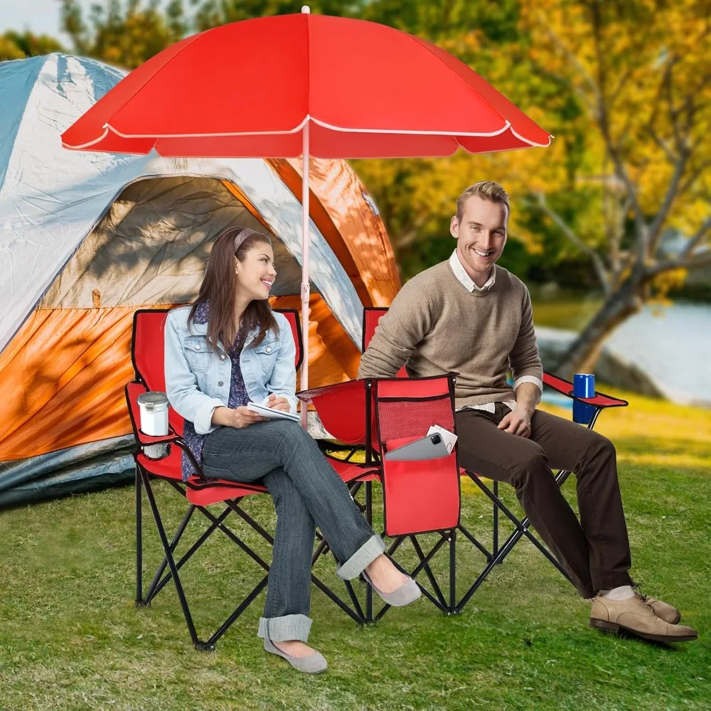 Double Camping Chairs with Umbrella, Portable 2 Seat Folding Camp Chair with Cooler Bag, Beverage Holder