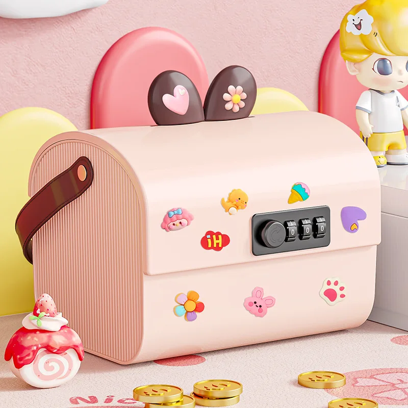 Plastic Cartoon Storage Box With Lock Large Capacity Money Box Desktop Organizer Multi-Function Password Box Home & Garden