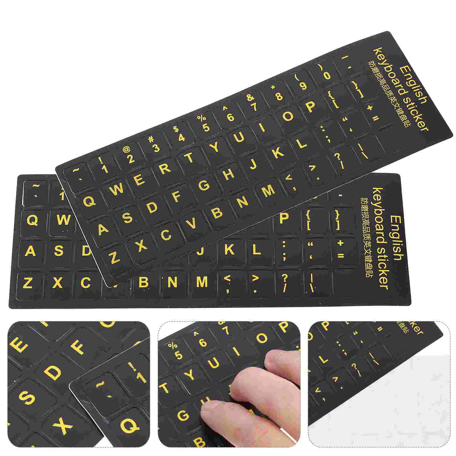 

2 Sheets Computer Keyboard Stickers Matte Black Background Yellow English Letters Replacement Keycaps Laptop Universal Letter