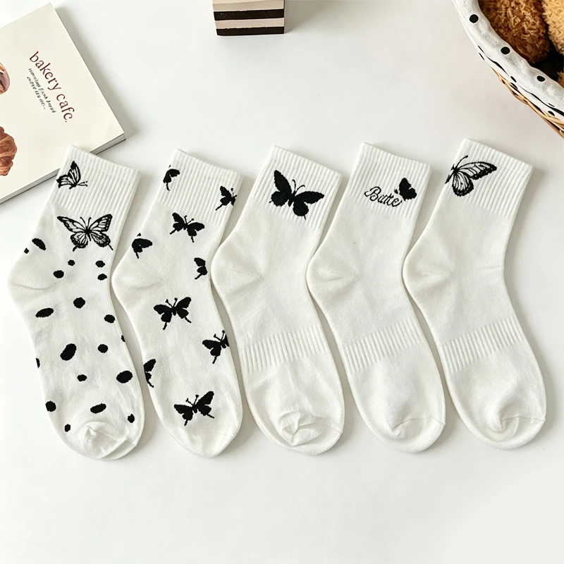 5 pairs of Knitted embroidery women's white butterfly english alphabet combination socks