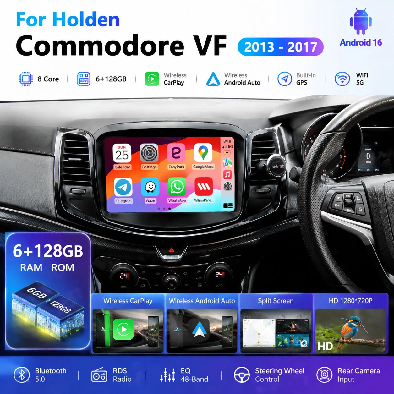 Car Multimedia Player with Built-in CarPlay, AM/FM Radio, Audio, Bluetooth, HD1080p, for Holden Commodore VF 2013-17