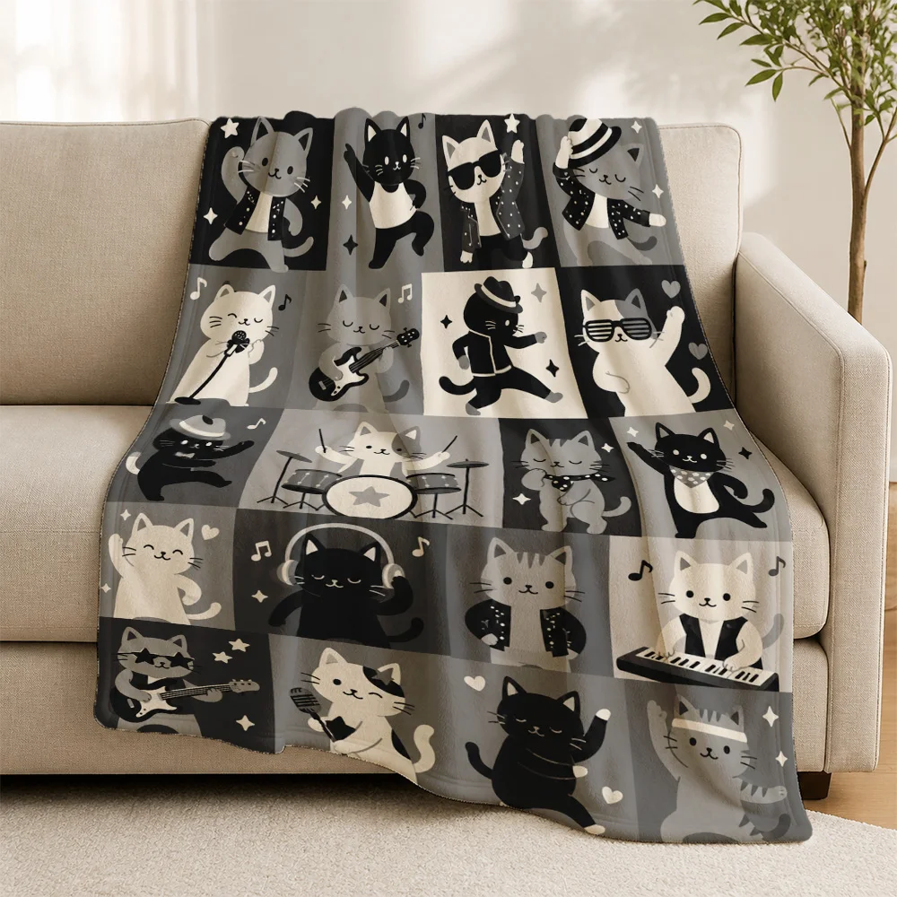 Adorable Cat Band Music Lover Throw Blanket Sofa Lap Decor Plush Kitten Gift Cozy Knit Washable Fabric for Couch Home Accent