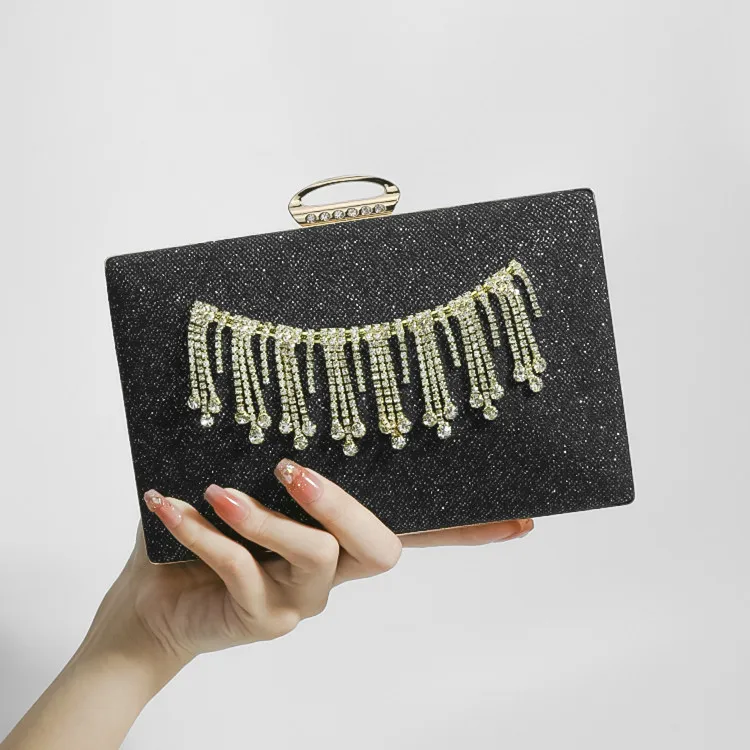 Shiny Tassel Water Diamond Evening Bag Fashionable Square Handbag for Wedding Banquet QiPao Handheld Bag Glittering Clutch