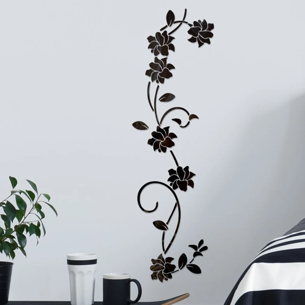 Acrylic Wall Sticker DIY Decor Flower Stickers Sofa Setting Wall TV Setting Wall Wall Sticker Bedroom Decal For Wall Door Black