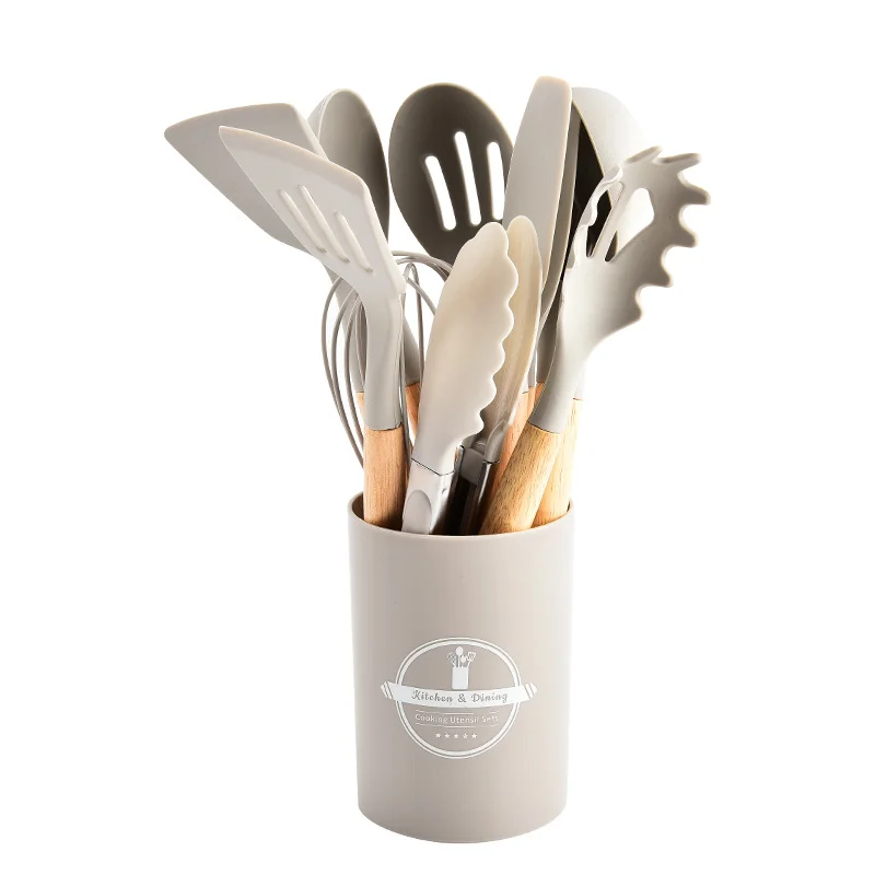 Juego de utensilios de cocina de silicona antiadherente de 12 piezas con soporte, juego de herramientas de cocina de silicona resistentes al calor con mango de madera