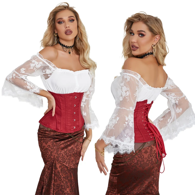 Espartilho Underbust vermelho vintage para mulheres, 14 espartilho sem cupless desossado aço, cintura cinchers, 5 botões