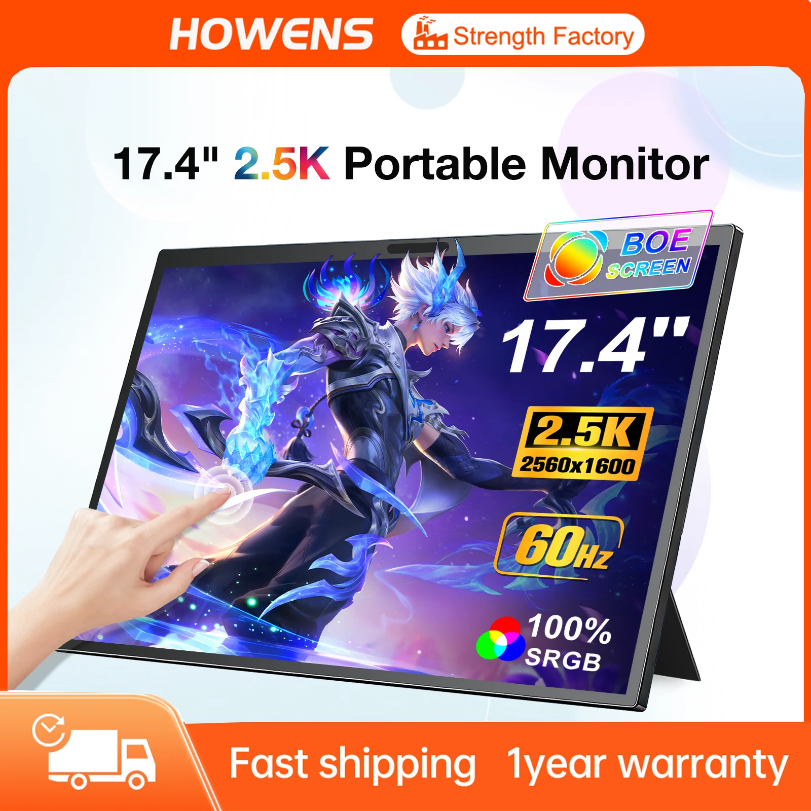 17.4" Portable Touch Monitor 2.5K 1600P HDMI Type-C Port For PC TV PS3 4 5 Laptop PC Mobile Devices IPS Gaming Expansion Display