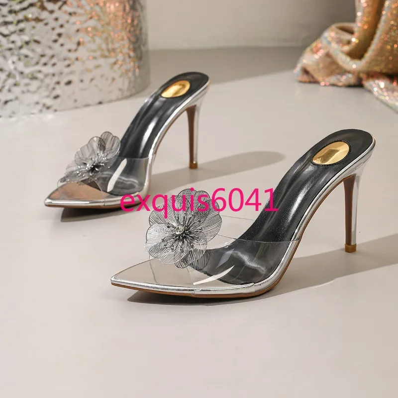 New Women's Fashion Pointed Sexy Cool Slippers Glass Flower Stiletto High-heeled Sandals Size 35-41