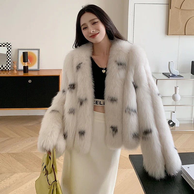 

Rich Women's Genuine Real Fox Fur Coat 2023 Snow Winter Lady Thckier Warm Long Sleeve Gorgeous Fur Outerwear With Polka Dot SI22