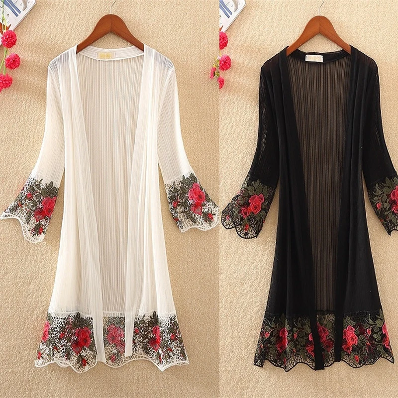 

2024 New Lace Cardigan Mid Length Summer Embroidered Mesh Shawl Loose Knee Length Sun Protection Clothing for Women E824