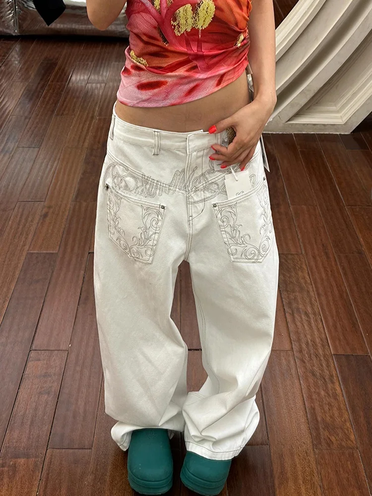 

American High Street Deconstructed ket White Jeans Women's Spicy Design Sense Embroidery Knife Long Pants Wide Leg High Waist